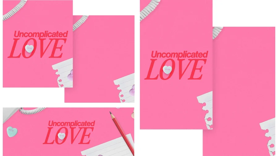 Bright pink background with "Uncomplicated LOVE," heart-shaped candies, and paper elements, symbolizing community and faith.