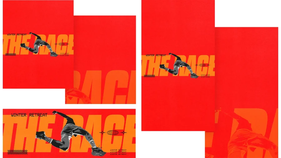 7861 the race social graphics Dynamic design for a winter retreat, emphasizing community, faith, and spiritual growth through active participation.