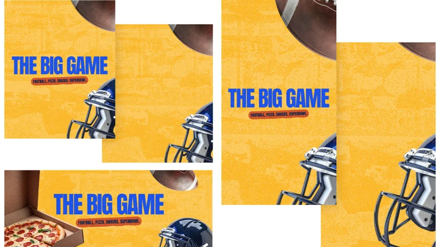 7864 the big game social graphics Community gathering for "The Big Game" featuring football, pizza, and snacks, fostering fellowship and fun.