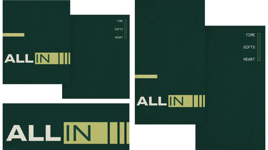 7867 all in social graphics "ALL IN" theme emphasizing time, gifts, and heart for deeper faith and community engagement.