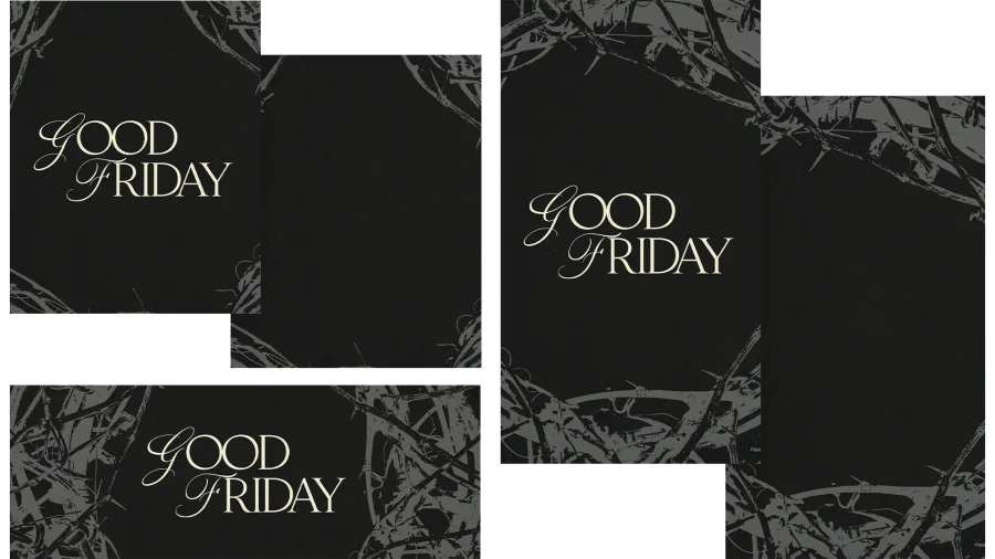 Black background with "GOOD FRIDAY" in elegant font, surrounded by subtle thorns, symbolizing sacrifice and reflection.