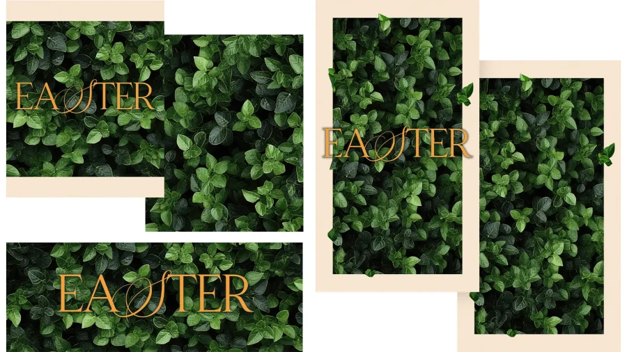 Easter themed design featuring lush green leaves with elegant orange lettering, symbolizing renewal and community.
