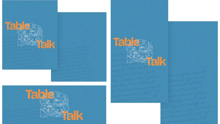 7881 table talk social graphics "Colorful 'Table Talk' design featuring a community gathering around food, symbolizing fellowship and shared faith."