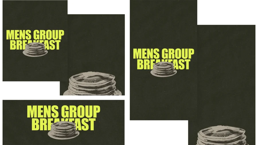 7887 mens group breakfast social graphics Men's group breakfast invitation featuring vibrant text and a stack of pancakes, promoting fellowship and community.