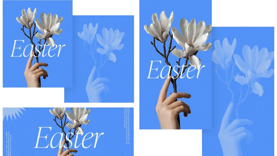 Hands holding magnolia branches against a blue background, symbolizing new life and hope for Easter.