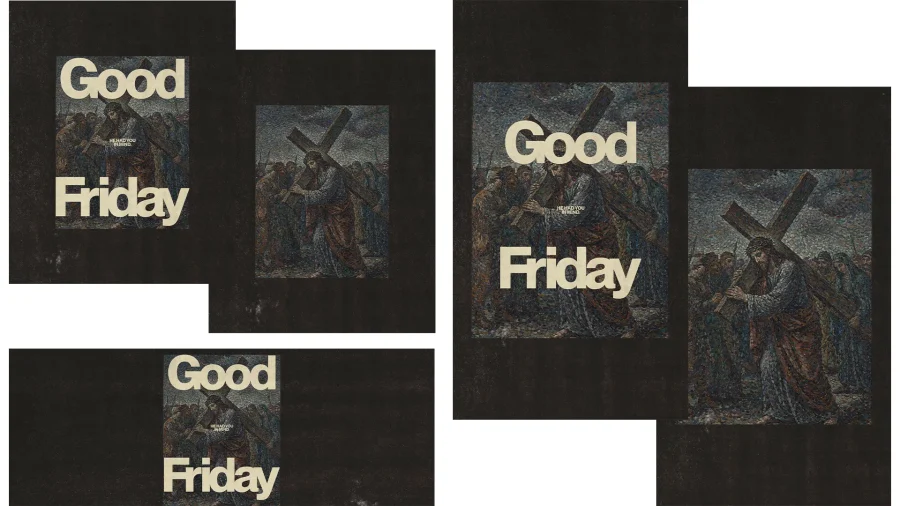 "Good Friday graphic featuring Jesus carrying the cross, emphasizing sacrifice, faith, and community reflection."