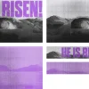 7908 he is risen screen graphics "Bold text 'HE IS RISEN!' over a stone tomb and mountains, symbolizing resurrection and hope in faith."