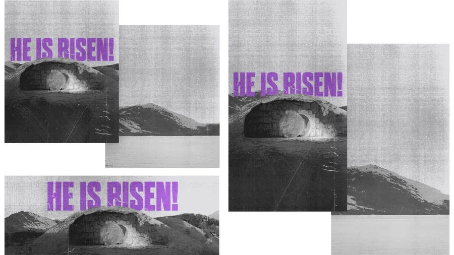7908 he is risen social graphics Stone tomb with the text "HE IS RISEN!" in purple, symbolizing resurrection and Easter hope. Mountains and water in the background.