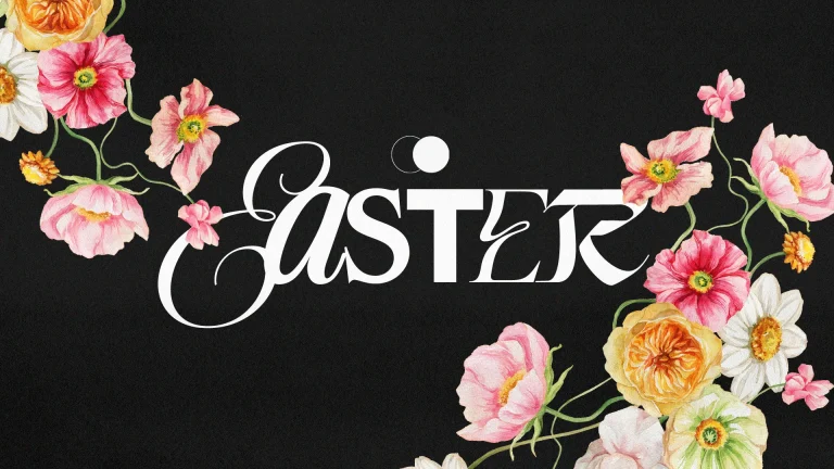 Elegant "Easter" text adorned with vibrant flowers, symbolizing renewal and hope in faith and community.