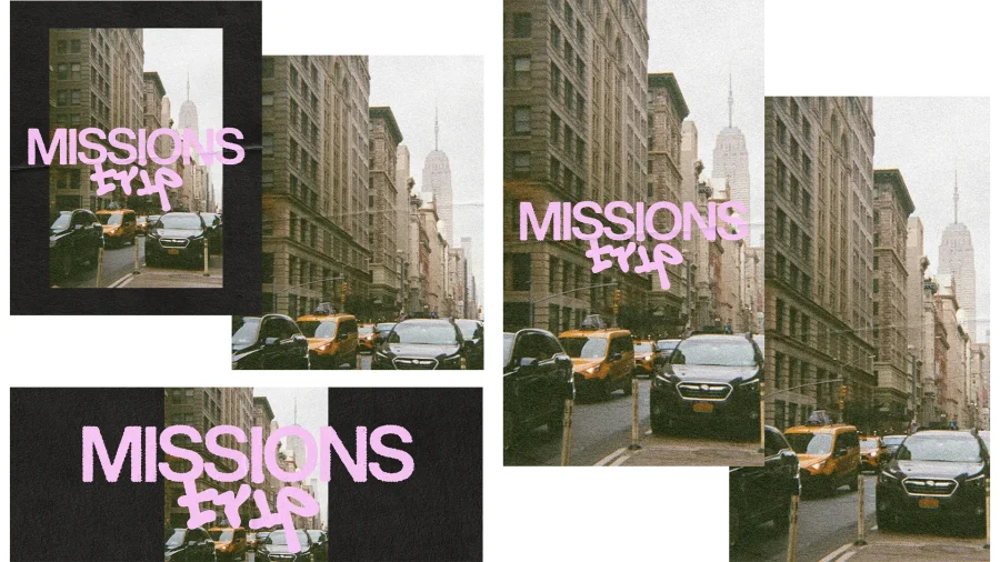 7931 missions trip social graphics Urban streets bustling with cars, featuring "MISSIONS Trip" text, symbolizing faith in action and community outreach.