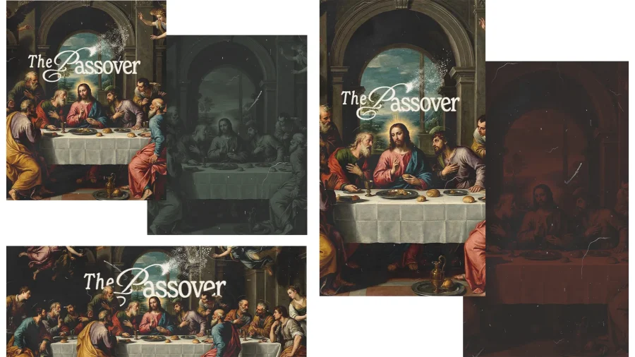 7932 the passover social graphics The Last Supper scene depicts Jesus and disciples sharing a meal, symbolizing faith, community, and sacrifice.