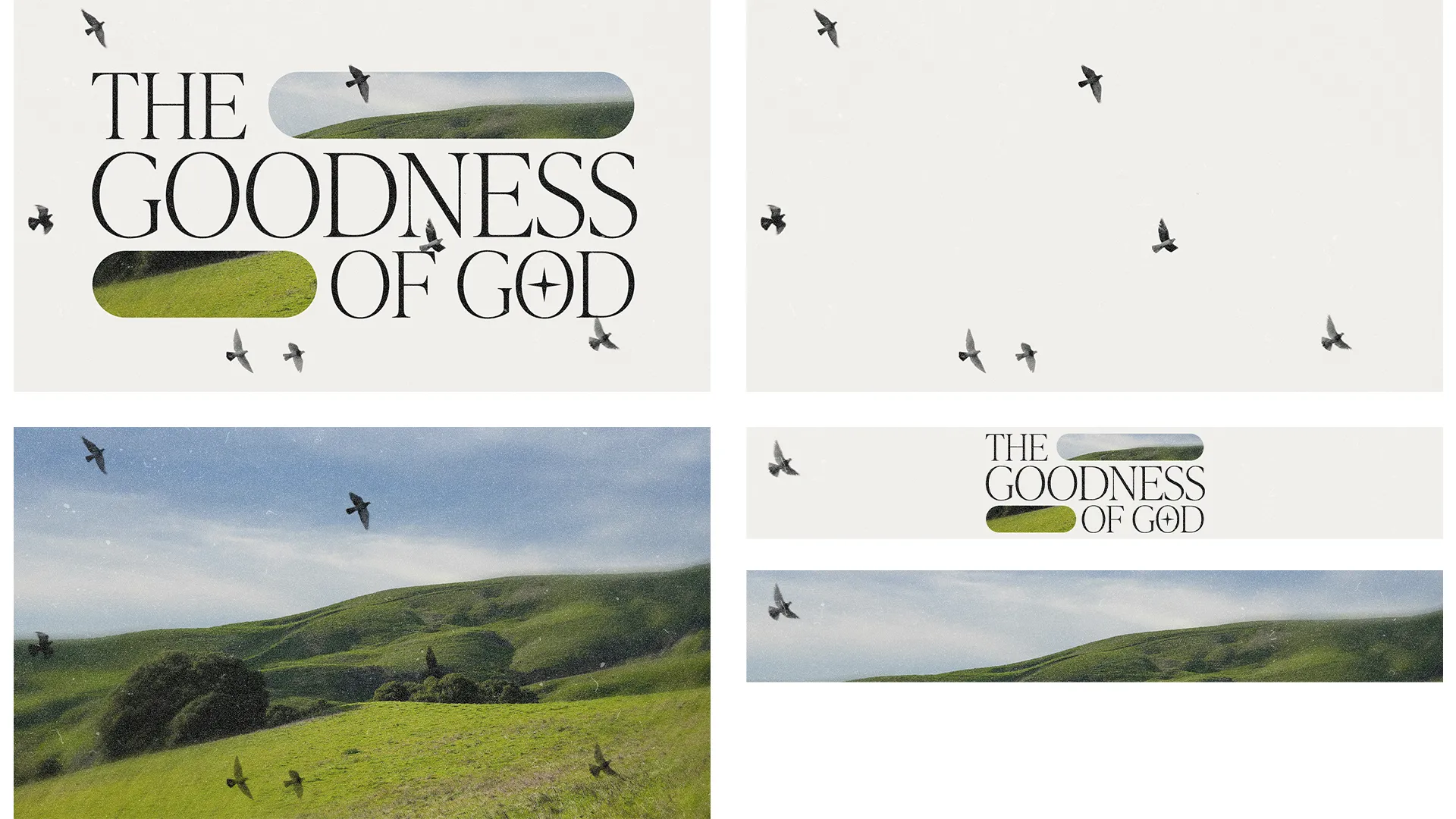 Text reads "The Goodness of God" with serene landscapes and birds, symbolizing faith, hope, and community in worship.
