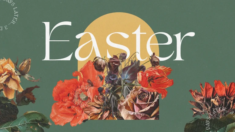 Easter celebration design featuring vibrant flowers and bold lettering, symbolizing renewal and community in faith.