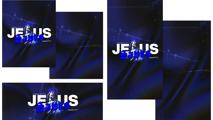 7955 jesus saves social graphics "Bold text declares 'JESUS Saves' with a crowned figure of Christ, set against a deep blue background, symbolizing faith."
