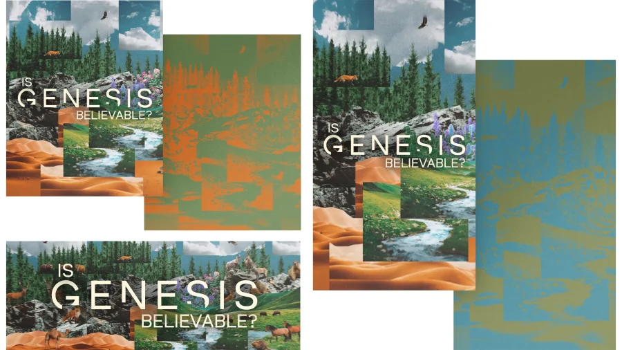 "Nature scenes with mountains, rivers, and wildlife, featuring the text 'Is Genesis Believable?' inviting faith exploration."