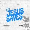 7980 jesus saves hd title slide Bold blue graffiti reads "JESUS SAVES" on a textured white wall, surrounded by soft floral designs, symbolizing faith and hope.