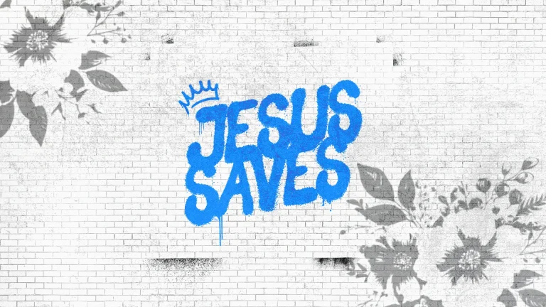 Bold blue graffiti reads "JESUS SAVES" on a textured white wall, surrounded by soft floral designs, symbolizing faith and hope.