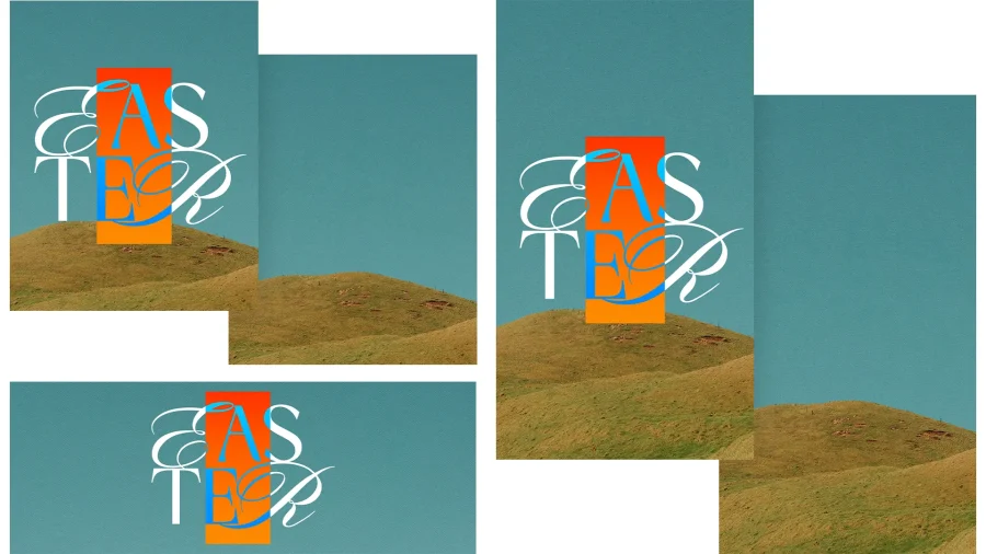 Bold "EASTER" text overlays a serene green hill against a blue sky, symbolizing renewal and hope in faith.