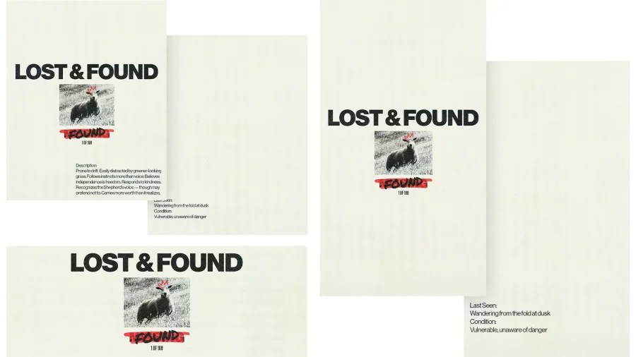 "Lost & Found flyer featuring a sheep, symbolizing community care and the pursuit of those in spiritual need."