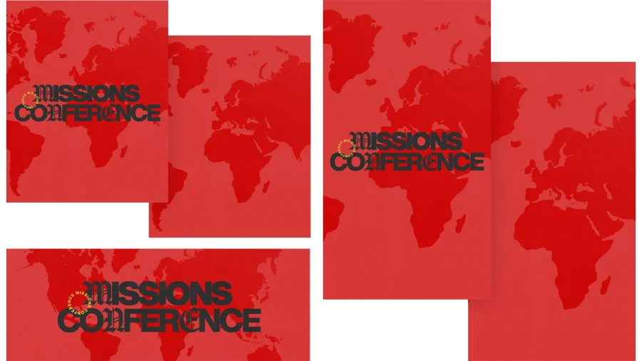 Red background with world map outlines, featuring bold text: "MISSIONS CONFERENCE," symbolizing global outreach and community.