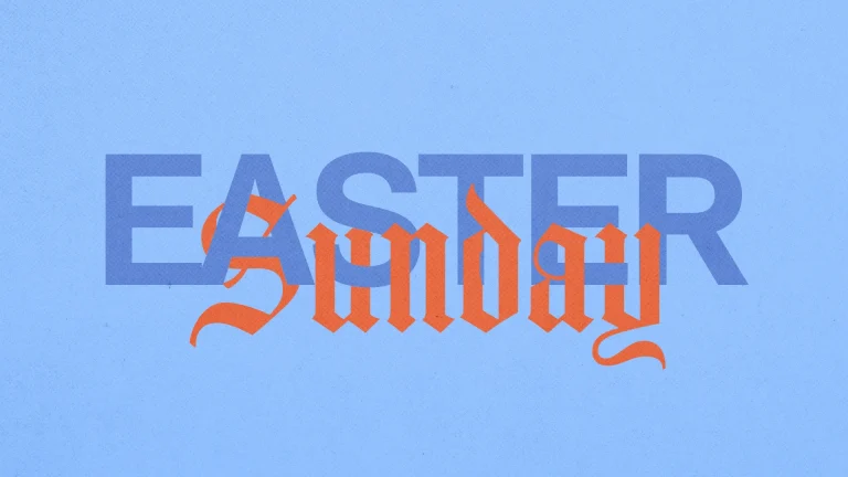 Easter Sunday text in bold, vibrant colors against a soft blue background, symbolizing resurrection and new beginnings.
