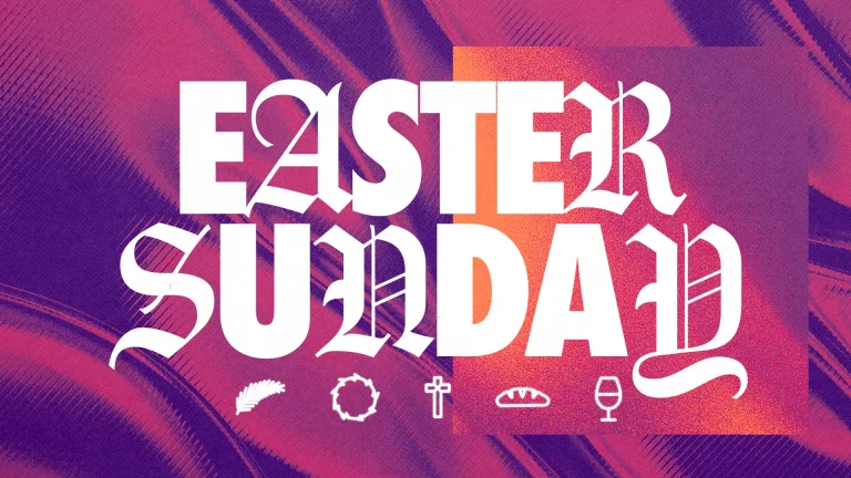 Easter Sunday graphic featuring vibrant colors, symbols of faith, and bold typography celebrating resurrection and community.