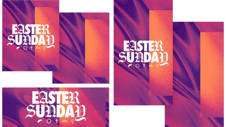 Easter Sunday graphic with vibrant colors, featuring symbols of faith, community, and celebration of resurrection.