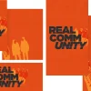 8003 real community social graphics Bold text reads "REAL COMMUNITY" against an orange background, featuring silhouettes of diverse individuals in fellowship.