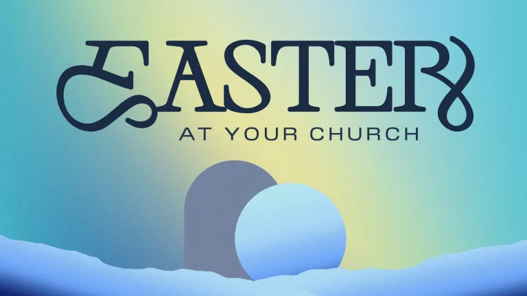 Easter celebration announcement with soft colors and a stone tomb, symbolizing resurrection and hope in faith.