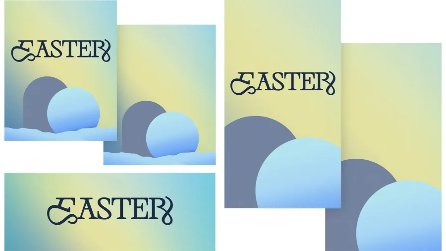 Easter graphic featuring soft pastel colors, abstract shapes, and elegant typography celebrating resurrection and renewal.