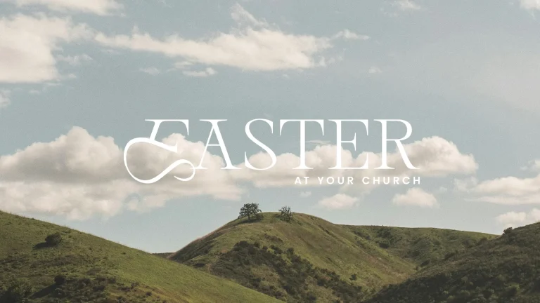 Easter celebration announcement over serene hills and a bright sky, inviting community and faith together.