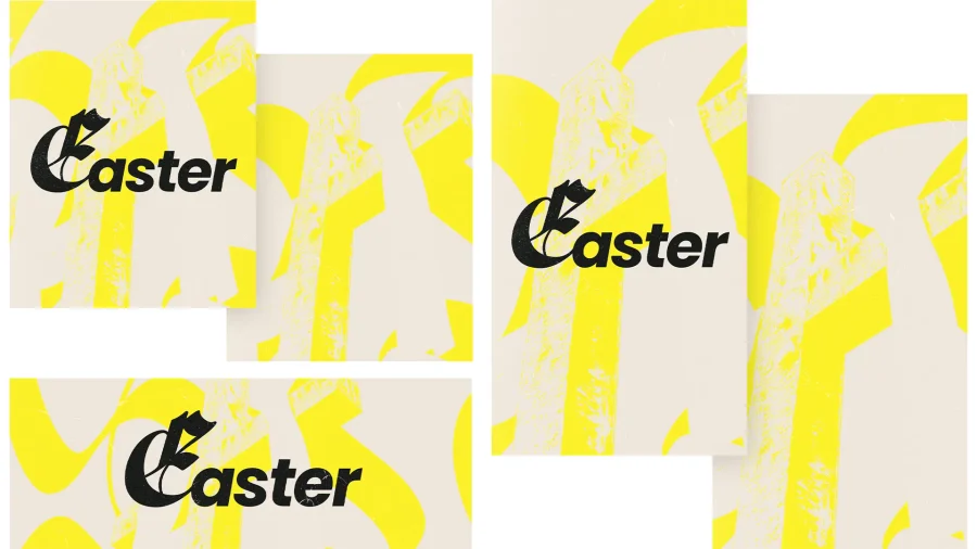 Easter graphic featuring vibrant yellow background with bold crosses, symbolizing resurrection and renewal in faith.