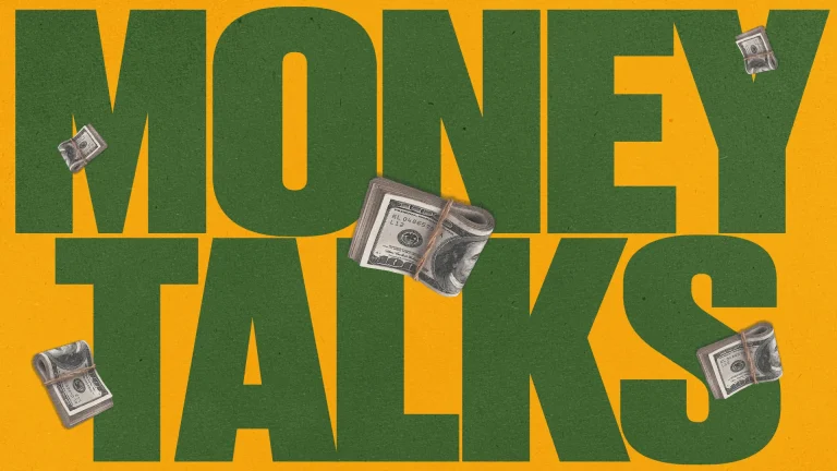 "Bold text reads 'Money Talks,' surrounded by images of rolled cash, symbolizing stewardship and financial faithfulness."