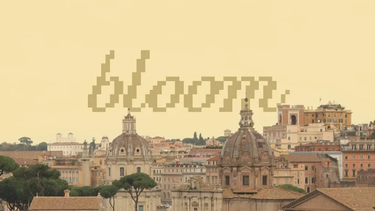 "Cityscape with historic buildings and the word 'bloom' symbolizing growth in faith and community."