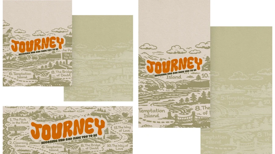 Colorful graphic titled "Journey," featuring a scenic path with biblical themes and numbered destinations for spiritual growth.