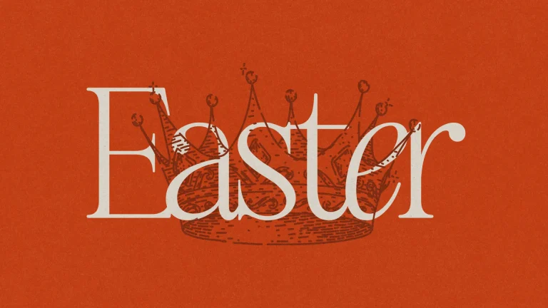 Easter text overlay with a crown illustration on a vibrant orange background, symbolizing resurrection and celebration.