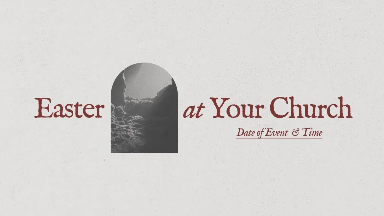 Easter celebration announcement featuring a stone arch, symbolizing resurrection and new beginnings in faith.