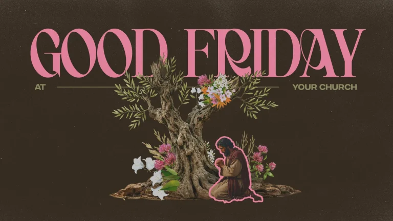Good Friday theme with a praying figure, vibrant flowers, and a tree, symbolizing faith and reflection in worship.