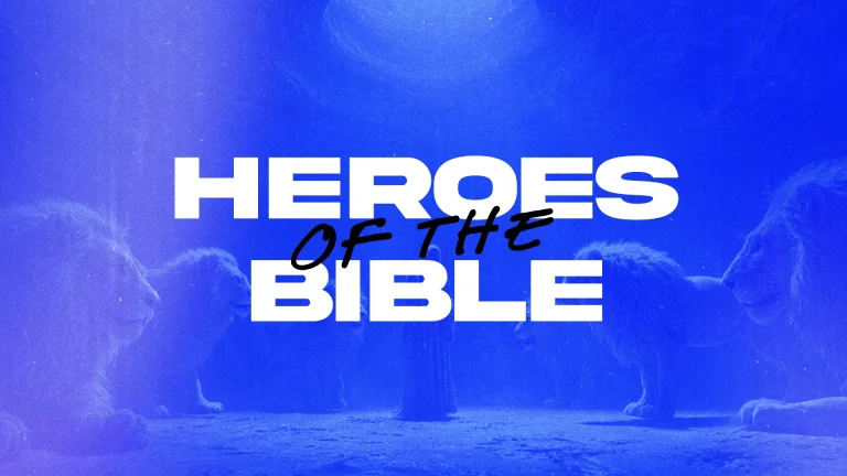 Bold text reads "Heroes of the Bible," with a blue background and silhouettes of lions, symbolizing faith and courage.