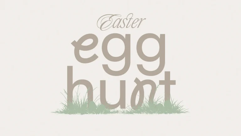 Easter egg hunt text with grassy accents, symbolizing community celebration and joyful faith activities.