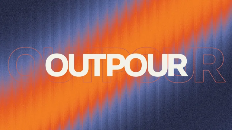 Bold text "OUTPOUR" against a gradient of orange and blue, symbolizing spiritual renewal and community worship.