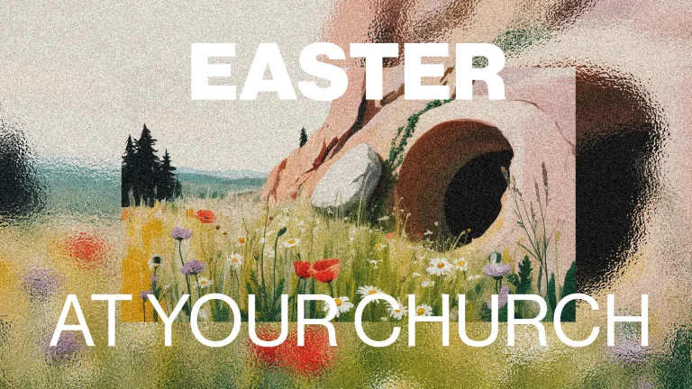 Easter scene with a stone tomb surrounded by vibrant flowers and trees, symbolizing renewal and resurrection.