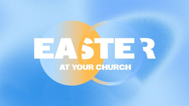 Easter celebration announcement featuring vibrant colors and bold text inviting community to worship together.