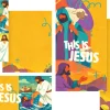 8080 this is jesus social graphics Vibrant illustrations of Jesus, community, and biblical events with the text "This is Jesus" on a warm yellow background.