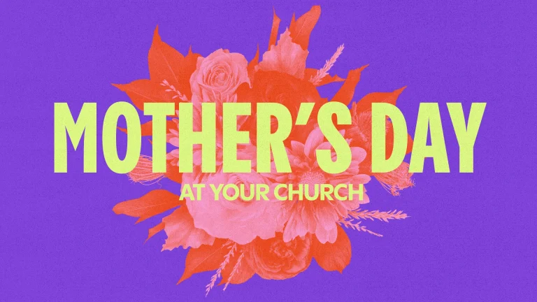 Bold text announces Mother's Day celebration surrounded by vibrant floral designs, inviting community and honoring mothers.