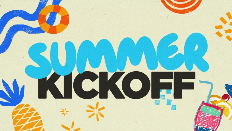 Bright, playful design featuring "Summer Kickoff" with tropical elements, inviting community and fellowship in faith.