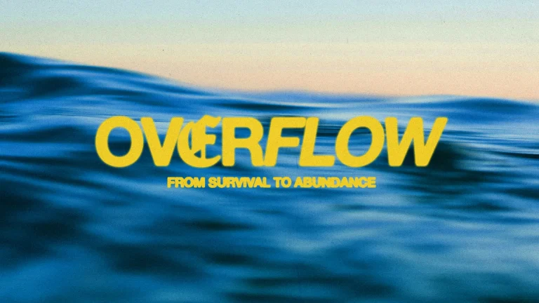 Bold text "OVERFLOW" with the phrase "FROM SURVIVAL TO ABUNDANCE" over serene blue waves, symbolizing faith and spiritual growth.