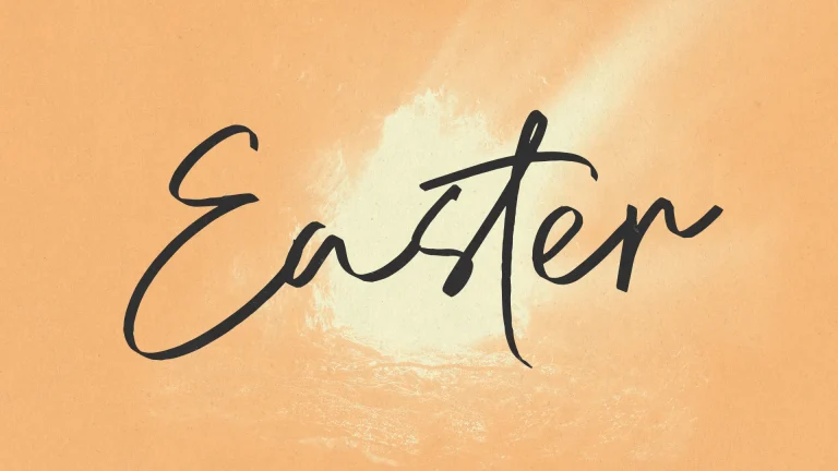 Elegant script spelling "Easter" against a warm, textured background, symbolizing resurrection and new beginnings in faith.