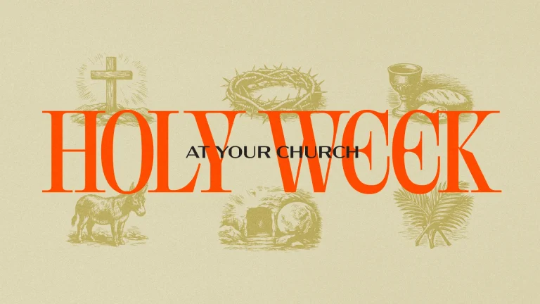 "Celebrating Holy Week with symbols of faith: cross, crown of thorns, bread, cup, donkey, and tomb. Join us!"