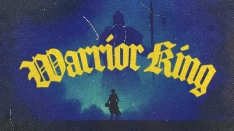 Silhouette of a figure with a basket against a blue backdrop, highlighting "Warrior King" in bold yellow, symbolizing faith and strength.